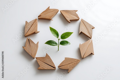 circular economy concept with wooden recycling arrows surrounding young green plant on white background
