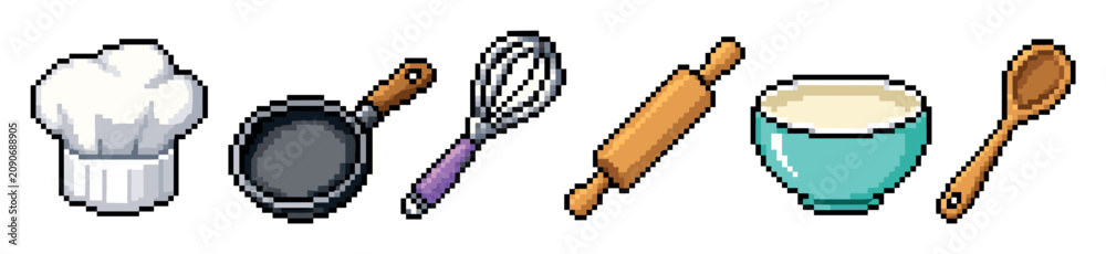 Fototapeta premium Pixel art kitchen utensils set including chef hat, frying pan, whisk, rolling pin, mixing bowl, and wooden spoon for cooking and baking designs