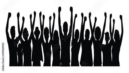 Schilderij op canvas Crowd of people raises their arms in celebration of a shared victory or success