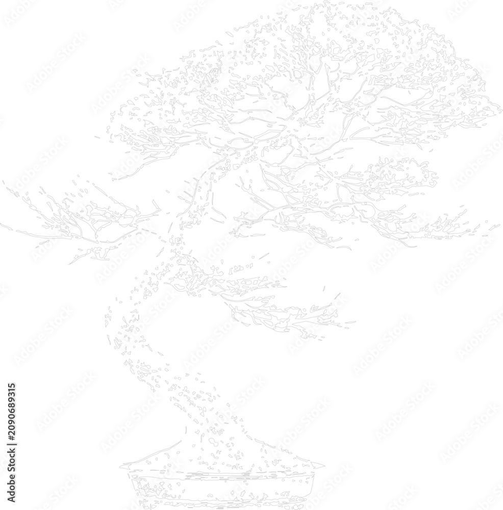 Obraz premium Potted bonsai tree outline vector illustration. Hand drawn sketch of traditional Japanese plant in a ceramic bowl with winding trunk. Minimalist white line art design.