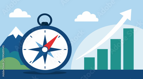 Large compass beside ascending bar chart and sweeping arrow, clean vector business concept for strategic direction, market growth, navigation, planning, financial success and goal achievement