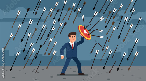 Determined businessman raises a tiny shield against falling arrows, dramatic vector concept of risk management, resilience, leadership, crisis protection and corporate defense under pressure