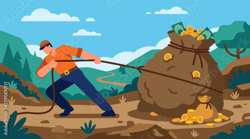 Determined worker dragging an immovable oversized money sack through rugged hills, bold vector metaphor for debt burden, financial struggle, stubborn wealth, cash flow resistance and economic pressure