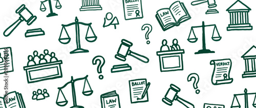 Law and justice hand drawn doodle icons including judge gavel scales of justice court building law book and jury box in a seamless pattern design