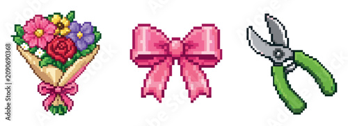 Pixel art flower bouquet pink ribbon bow and gardening pruner shears set for retro game design and graphic elements
