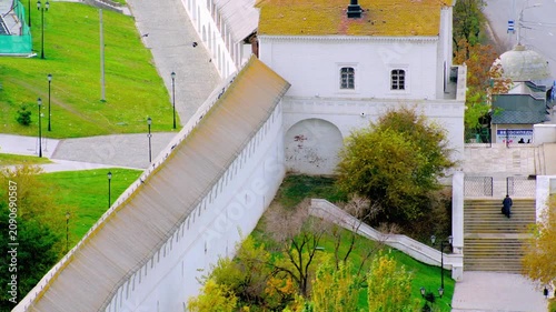 High angle view of the historic white walls and towers of the Astrakhan Kremlin fortress complex