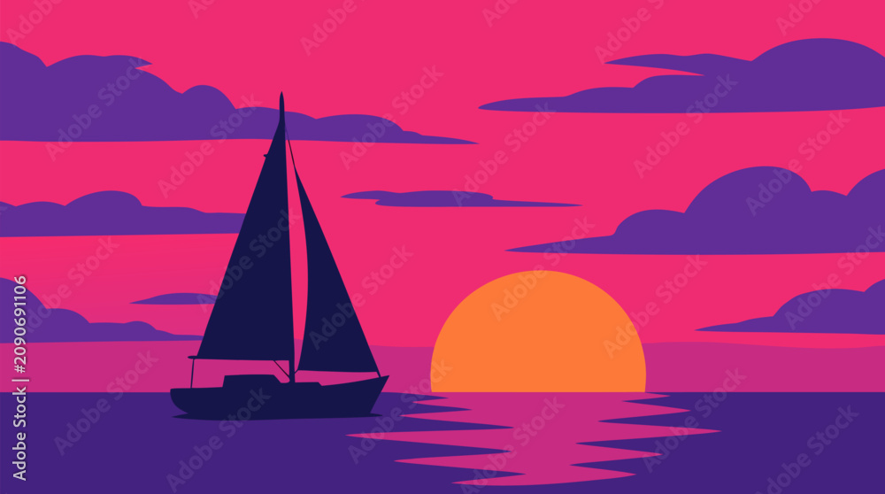 Fototapeta premium Sailboat silhouette drifting across calm ocean at vivid pink purple sunset, orange sun reflection, dramatic clouds, romantic nautical travel vector illustration for posters and wall art