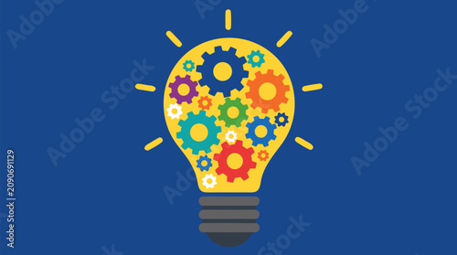 Bright light bulb packed with colorful gears on deep blue background, creative innovation, teamwork and strategic business ideas vector illustration for startup thinking concepts and success