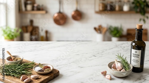 A Terra Nova premium olive oil bottle sits on a white marble countertop, surrounded by various herbs, spices, and garlic cloves.