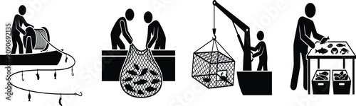 Bild auf Leinwand Commercial fishing industry icons set featuring fishermen working with nets cage