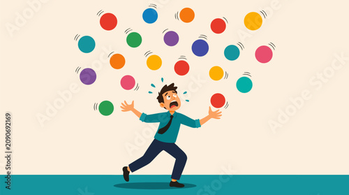 Frantic businessman juggling too many colorful spinning balls, anxious multitasking vector concept for workplace stress, overload, deadlines, chaos, productivity pressure and time management