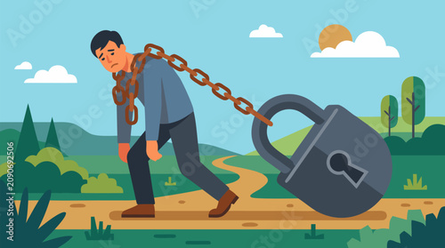 Exhausted man dragging a giant padlock chained around his shoulders on a winding path, emotional burden, stress, anxiety, debt, oppression, mental health struggle vector illustration