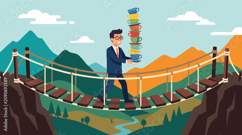 Business executive balancing a tall tower of colorful teacups while crossing a swaying rope bridge over mountains, risk management and leadership pressure vector metaphor for fragile success