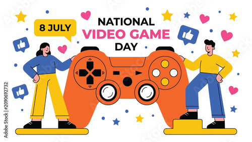 People stand beside a giant video game controller to celebrate National Video Game Day.