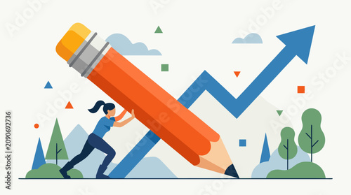 Tiny determined woman pushing a giant orange pencil that draws a bold rising growth arrow, flat vector business concept for progress, ambition, strategy, startup success and financial momentum