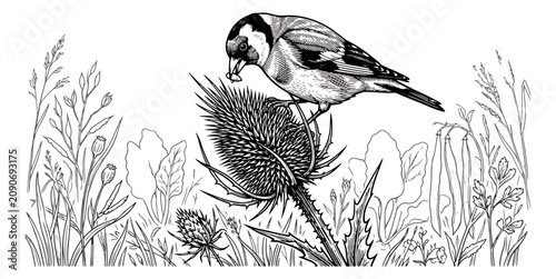 Photos Vintage goldfinch bird illustration, hand drawn songbird on thistle plant, botan