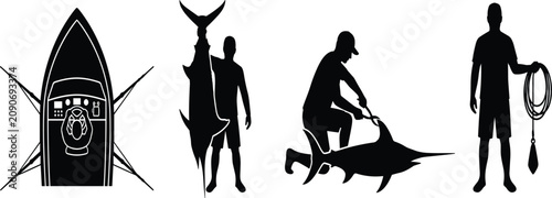 Photos Deep sea sport fishing vector silhouettes featuring boat captain angler and big