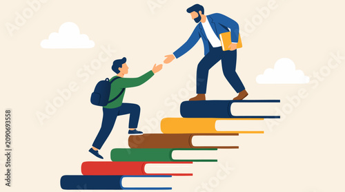 Mentor helping junior employee climb staircase of stacked books, inspiring career growth, professional coaching, education, leadership development and workplace learning vector illustration
