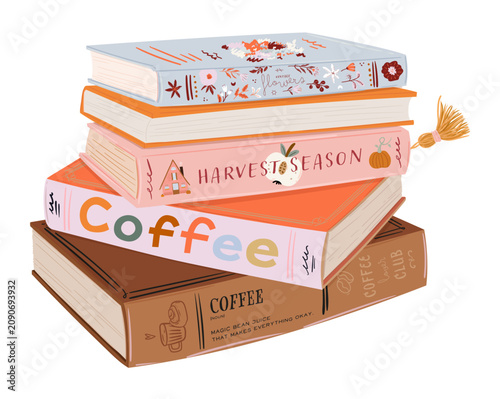 Cozy Book Stack with Coffee Clipart, Autumn Reading Books Illustration, Book Lover Lifestyle Print. Vector