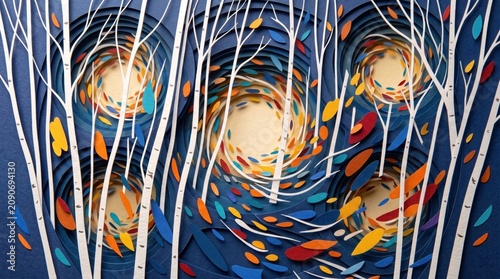 A layered papercraft illustration features white birch trees and colorful floating leaves set against a dark blue background with swirling, vortex-like cutouts. Papercraft.