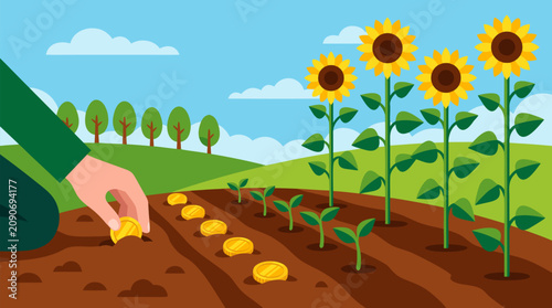 Hand planting golden coins in rich garden soil as sprouts grow into towering sunflowers, colorful vector concept for investment growth, sustainable finance, savings, profit, prosperity and success