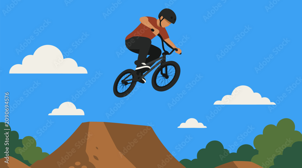Obraz premium Fearless BMX rider launching high above a dirt jump under a clear blue sky, dynamic freestyle bicycle stunt vector illustration for action sports, youth culture, tricks, and adrenaline