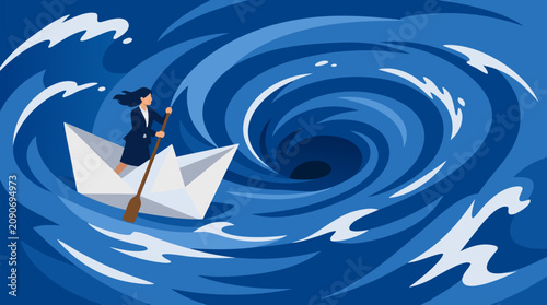 Tiny businesswoman steering a folded paper boat beside a swirling blue whirlpool, dramatic vector metaphor for leadership, risk management, crisis navigation and corporate uncertainty