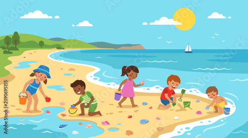 Foto Children collect colorful seashells in buckets along a sunny shoreline at low ti