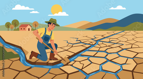 Canvastavla Resilient gardener carving blue irrigation channels through cracked drought fiel