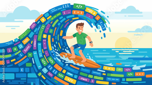 Fotografía Vivid vector illustration of a cheerful young developer surfing a giant curling