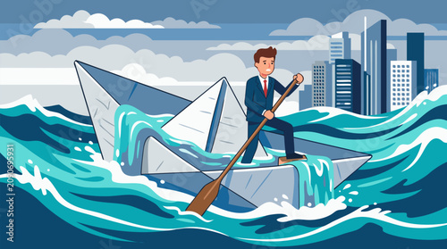 Determined businessman steering a sinking paper boat through stormy waves beside a city skyline, bold vector metaphor for crisis management, risk, resilience, leadership, and financial uncertainty