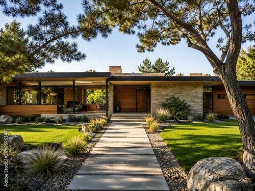 A single story mid century house with stone walls and wooden siding surrounded by green lawn and pine trees under a clear blue sky at sunset