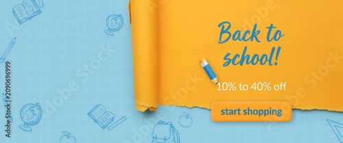 Yellow paper scroll with pencil and text back to school promotion on a light blue background academic advertisement announcement apple