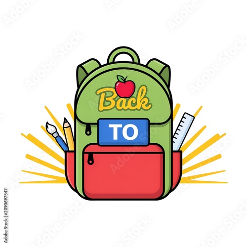 Green school backpack illustration with writing implements and an apple styled as a cartoon graphic schoolbag rucksack satchel bag apple