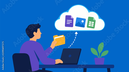 Person uploads folders and documents from a laptop to a glowing cloud, illustrating secure cloud storage, file sharing, remote work, digital backup, and connected productivity solutions