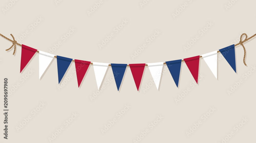 Obraz premium Festive red white and blue triangular pennant banner garland strung on rustic twine, patriotic party bunting decoration for holidays, celebrations, parades and event design vector illustration