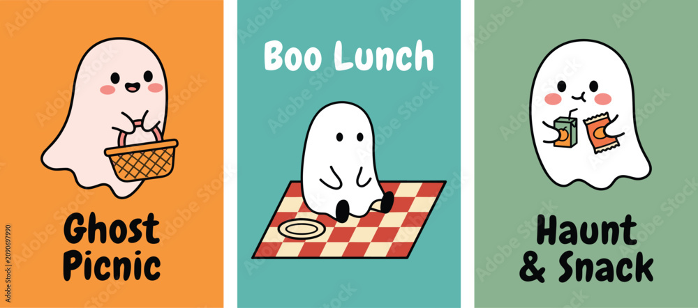 Fototapeta premium Cute Halloween ghost picnic poster collection with snacks and playful autumn vibes 