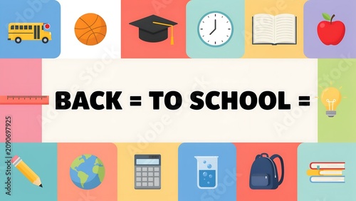 Collection of flat school supply icons including a bus globe and graduation cap on a colored background education learning bus