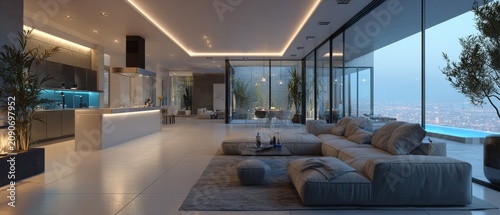 Modern Luxury Living Room Interior with Sleek Design and Large Windows Overlooking Outdoor Space.