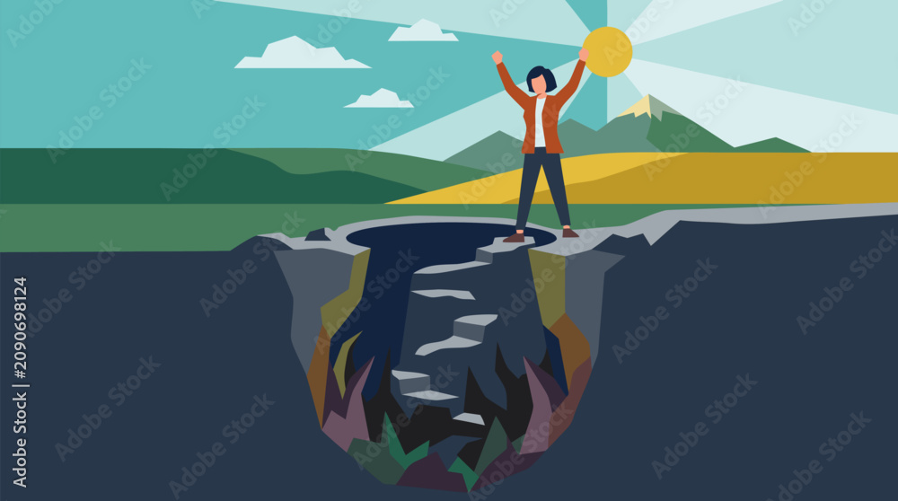 Fototapeta premium Triumphant person standing on the edge after climbing from a deep dark well of despair, raising arms toward bright sunlight, resilience, recovery, hope and mental wellness vector illustration
