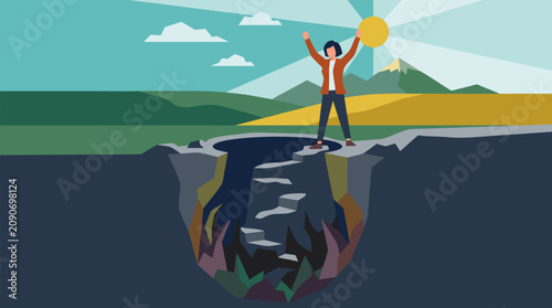 Triumphant person standing on the edge after climbing from a deep dark well of despair, raising arms toward bright sunlight, resilience, recovery, hope and mental wellness vector illustration