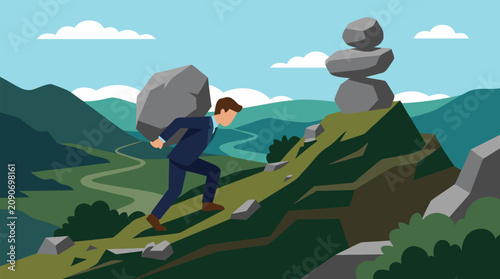 Determined businessman hauling a heavy boulder up a steep mountain toward balanced stones, conceptual vector illustration of perseverance, burden, resilience, ambition and difficult goals