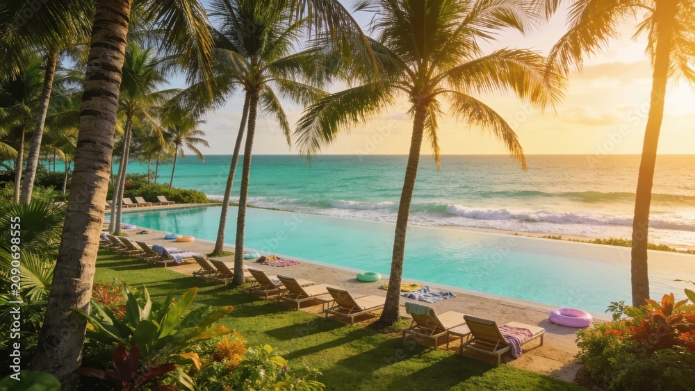 Fototapeta premium A luxurious tropical resort pool stretches toward the turquoise ocean at golden hour, surrounded by tall coconut palms, lounge chairs, and colorful float rings, perfect for travel and hospitality mark
