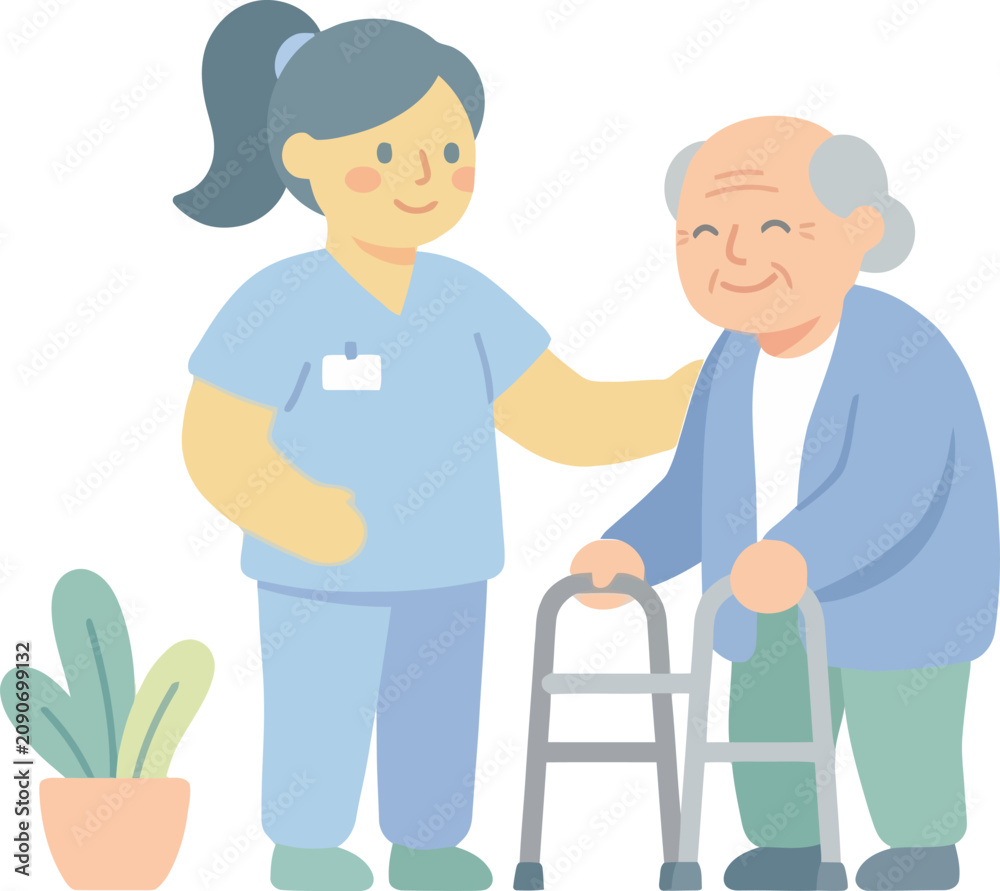 Fototapeta premium Nurse Providing Support to Senior Man in Nursing Home Flat Design Illustration