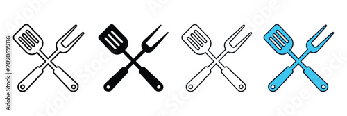 Foto Crossed fork and spatula icon set, colorful kitchen utensil symbols representing grilling, barbecue, cooking equipment, and food services