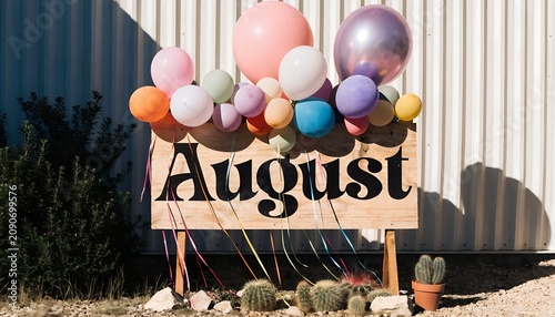 August wooden signage with colorful balloons and cacti decor balloons colorful
