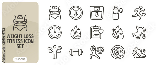 Obraz na plátne Weight loss and fitness icon set, including icons for diet, exercise, healthy li