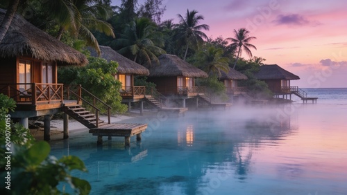 A row of elegant overwater bungalows with thatched roofs lines a pristine turquoise lagoon at sunset, surrounded by lush palm trees and soft pink skies, ideal for resort advertising and vacation broch