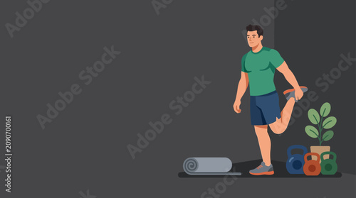 Bild auf Leinwand Man stretching quadriceps in gym with kettlebells and plant