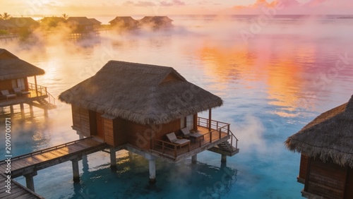 An aerial view captures an overwater bungalow with a private deck and lounge chairs at sunrise, surrounded by calm turquoise waters, soft mist, and vibrant orange-pink skies, suited for premium travel